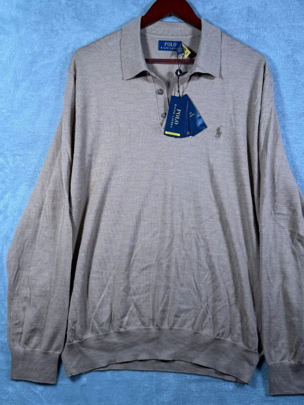 Polo Ralph Lauren Sweater Mens XL Tan 100 Wool Long Sleeve Collared $198